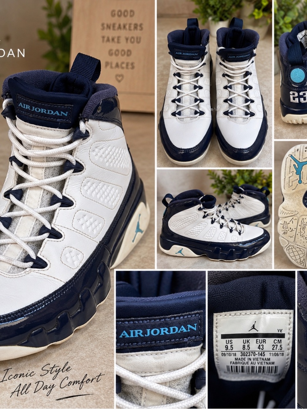 Air Jordan 9 Men’s Sneakers – Size 9.5 – White & Navy Blue